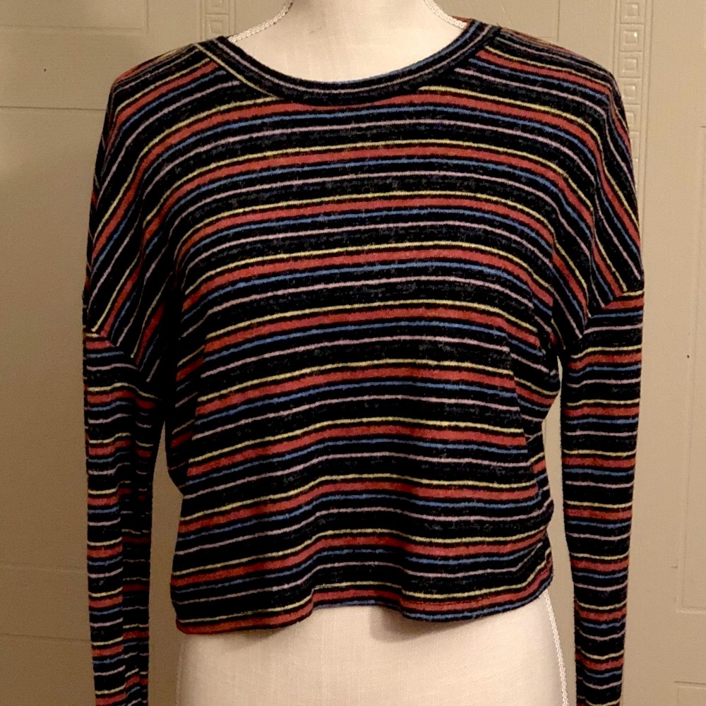 Vintage 90s Striped Cropped Long Sleeve Top Retro Multicolor Black Fitted Y2K XS